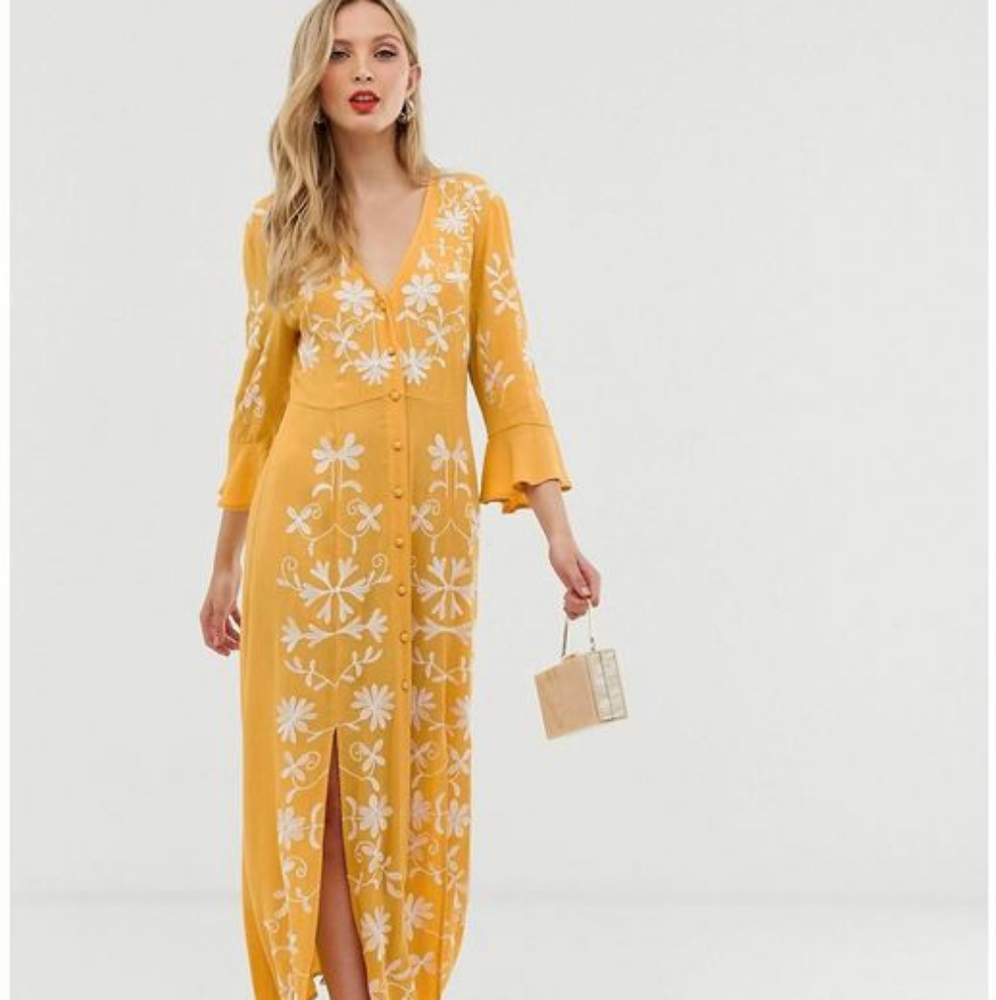 ASOS Yellow Floral Embroidered Button-Front Maxi Dress